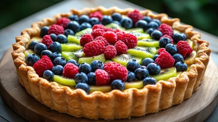 Delicious Fruit Tart with Kiwi, Blueberries and Raspberries
