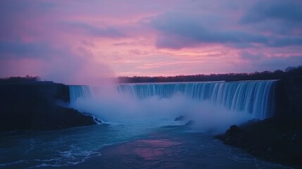 Fototapeta premium A panoramic view of Niagara Falls at dawn, with soft pastel colors in the sky.