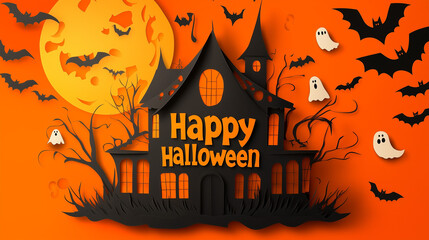 Happy Halloween banner with Haunted House, bats and trees in Paper Cut Design