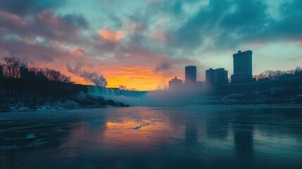 Fototapeta premium A panoramic view of Niagara Falls at dawn, with soft pastel colors in the sky.