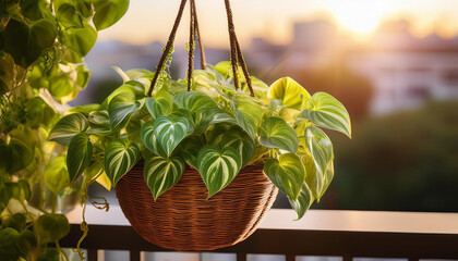 Pothos Plant in a Hanging Basket on a Balcony