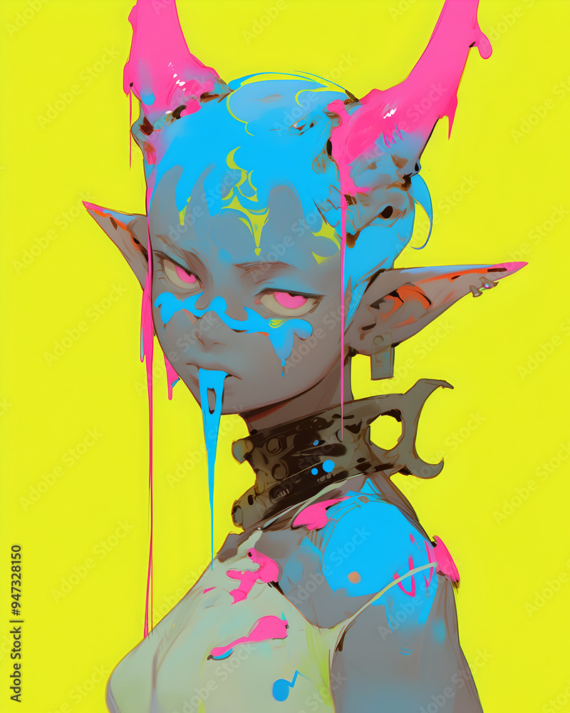 Wall mural The demon girl colorful illustration on yellow background