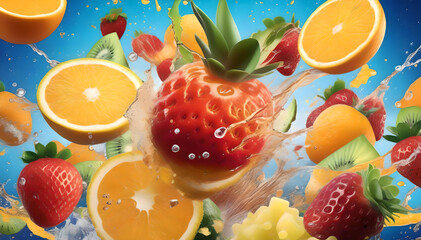 An exhilarating explosion of fresh fruits and juice, frozen in vibrant motion. A dynamic burst of color and flavor, capturing the essence of nature's juicy goodness