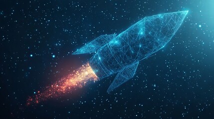 Fototapeta premium Digital rocket flies in orbit of planet Earth. Abstract light blue technological background. Spaceship in outer cosmos. Low poly wireframe vector illustration with 3D effect. Polygonal science art.