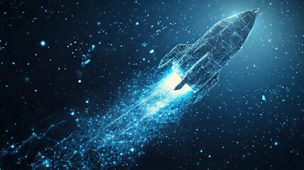 Obraz premium Digital rocket flies in orbit of planet Earth. Abstract light blue technological background. Spaceship in outer cosmos. Low poly wireframe vector illustration with 3D effect. Polygonal science art.