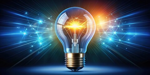 A radiant lightbulb shines bright with an electric blue glow, radiating energy and illuminating the dark, its delicate curves and filaments bathed in a warm golden light.