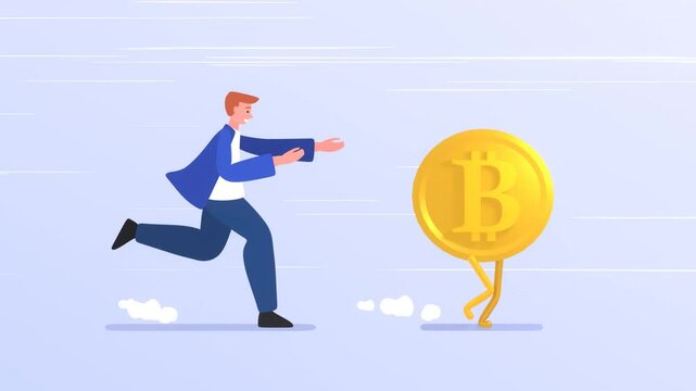 2d animation of businessman run and chase bitcoin, pursuit of electronic currency
