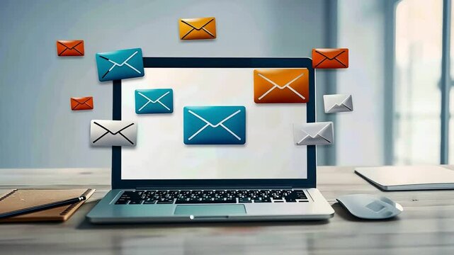 Laptop with multiple email icons floating above the screen, symbolizing communication and digital correspondence.