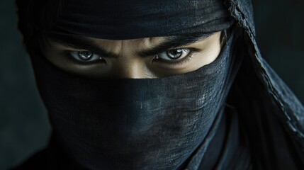 Naklejka premium A ninja hiding in the shadows, with only the eyes visible under the mask.
