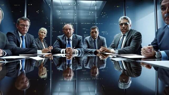 The Weight of Decision: A powerful board of directors convenes in a sleek, modern boardroom, their serious expressions reflected in the polished table, hinting at high stakes and strategic deliberatio