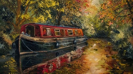 Fototapeta premium Traditional Artwork: Tole Painting of a Canal Boat or Narrow Boat with Texture