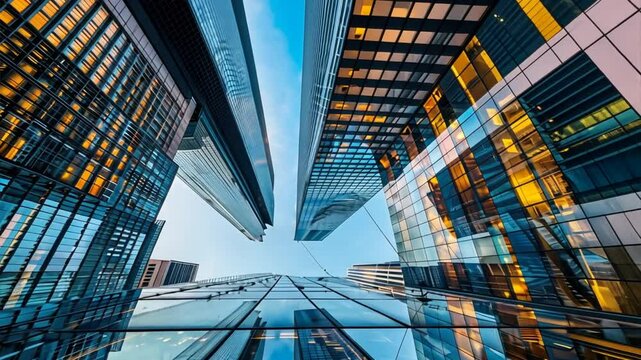 Urban Titans: A low-angle view of towering skyscrapers against a vibrant sky, showcasing the power and grandeur of modern architecture. 