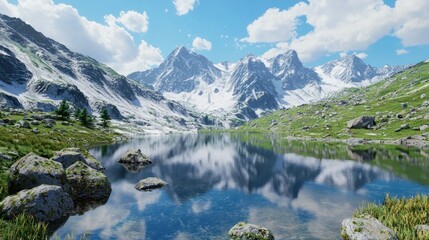 Serene Mountain Lake with Snow-Capped Peaks and Reflections