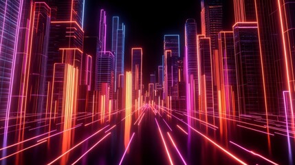 Fototapeta premium 3d rendering of futuristic cityscape with glowing neon lines and buildings on dark background