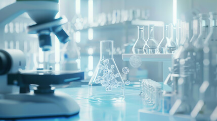 A modern laboratory with a microscope, beakers, and test tubes, highlighting scientific research and innovation in a high-tech setting.