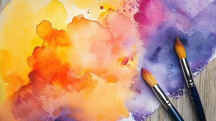 Fototapeta premium Watercolor Painting with Two Paintbrushes