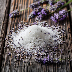 Lavender sugar. Edible flowers concept. Naturally aromatized sugar on the wooden background , slightly decorated with lavender flowers. AI generated food. Sugar for tea and baking.