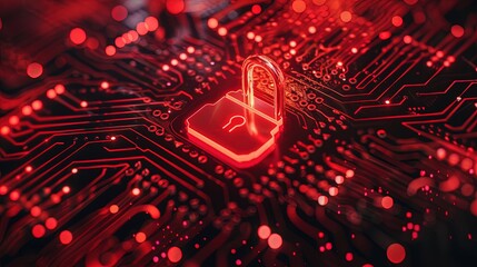 Ultra high-resolution cybersecurity padlock symbol on circuitry data protection concept