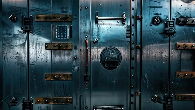 The Vault's Impenetrable Gaze: A close-up of a weathered steel vault door, its intricate locking mechanisms and metallic sheen evoking an aura of security, mystery, and the weight of secrets held with