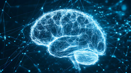 A digital blueprint-style illustration of a human brain, with glowing plexus lines drawn in precise, technical lines. The brain is depicted in a wireframe design