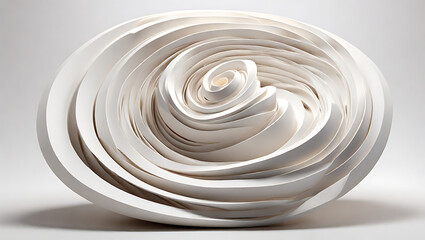 A 3D sculpture of an abstract, spiraling vortex, rendered in smooth white material against a plain white background, representing the flow of energy and infinite movement in a futuristic, minimalist 
