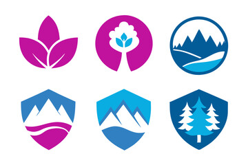 Modern Emblem with Natural Elements: Mountains, Trees, and Water