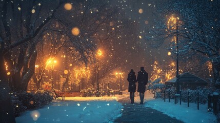 Obraz premium A romantic night scene at Ningle Terrace, with a couple walking hand in hand through the snow.