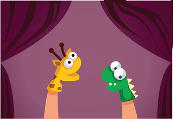 Sock Puppets in Live Performance in Kids Theatre Vector Cartoon. Kids entertainment puppet show concept educational illustration
