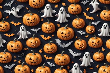 Fototapeta premium Halloween seamless pattern with pumpkins and ghosts