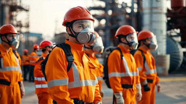 Group of industrial workers wearing protective gear and orange uniforms, ensuring safety measures in a refinery or chemical plant setting.