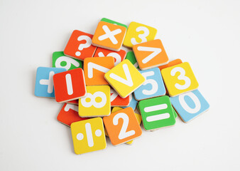 Number wood block cubes for learning Mathematic, education math concept.