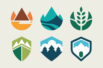 Elegant Emblem Blending Nature and Modern Style: Mountains, Trees, Water