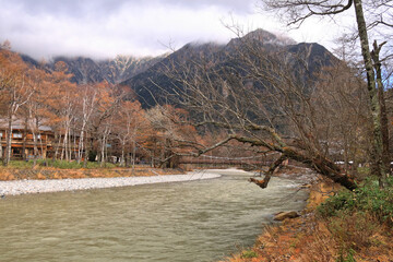 The scenery of Kamikochi national park which is a remote mountainous highland valley in Nagano Prefecture, Japan, during the autumn...