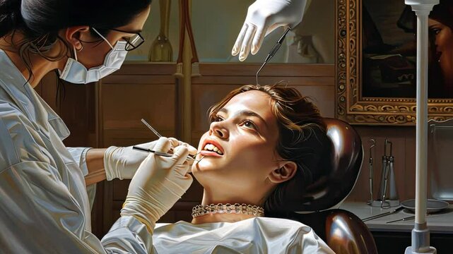 A Timeless Smile: A woman with a pearl necklace receives attentive dental care in a vintage dental office, bathed in warm light and surrounded by antique furnishings. 