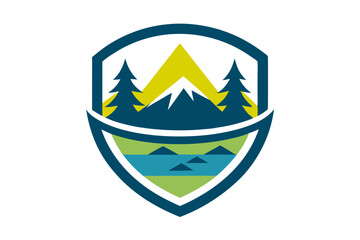 Elegant Emblem Blending Nature and Modern Style: Mountains, Trees, Water