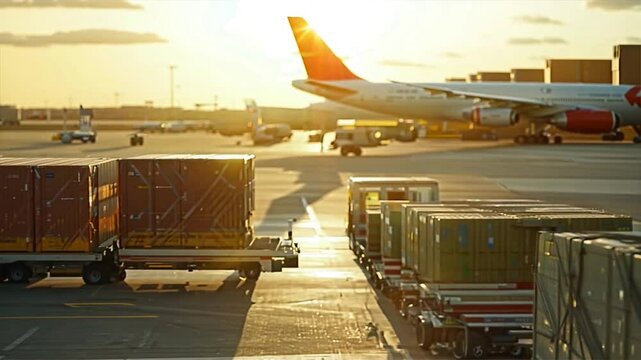 Air freight cargo on airport tarmac ready for loading onto airplane at sunrise. Concept of global shipping and logistics.
