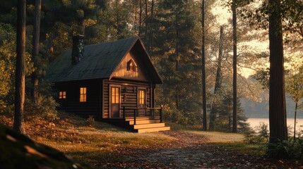 A warm and inviting cabin at Ningle Terrace, with soft light glowing through the windows.
