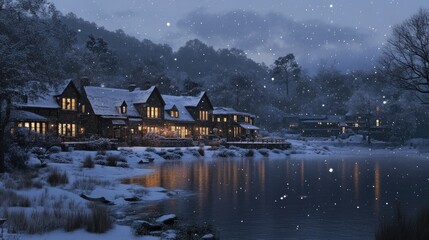 Fototapeta premium A wide shot of Ningle Terrace at dusk, with the cottages illuminated and snow gently falling.