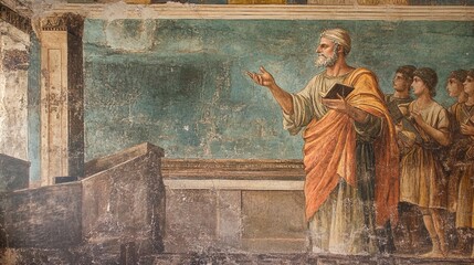 A historical fresco features a central figure, an elderly man with a white beard and wearing a golden-yellow toga with an orange wrap, standing and gesturing with his right hand while holding an open 