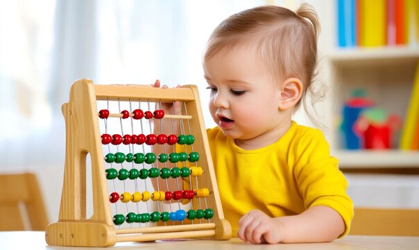 Joyful Child Learning Mathematics: Focused Girl Mastering Wooden Abacus. Early Education, STEM Skills Development, and Playful Learning Concept for Back-to-School Season and Educational Marketing Camp