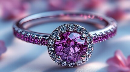 Fancy Design of a Large Round Cut Amethyst and Diamonds Ring on Neutral Background	