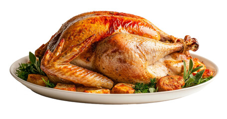 Delicious roasted turkey with rosemary and lemon on white plate, cut out