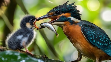 Fototapeta premium Caring Parent Kingfisher Bird Feeding Its Baby in Lush Green Habitat