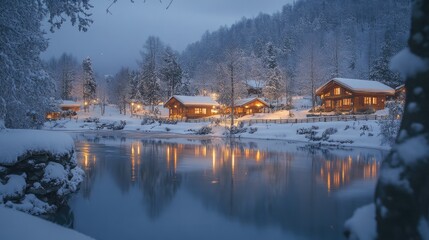 Obraz premium The tranquil and snowy landscape of Ningle Terrace, with warm lights shining from the cabins.