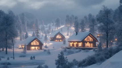 Naklejka premium The tranquil and snowy landscape of Ningle Terrace, with warm lights shining from the cabins.
