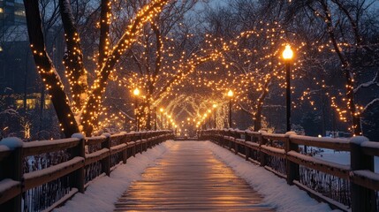 The wooden boardwalk of Ningle Terrace, lined with snow-covered trees and softly glowing lights.