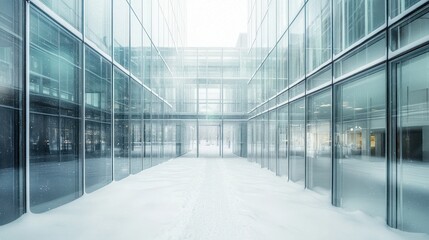 Obraz premium Snow-Covered Courtyard Between Glass Buildings