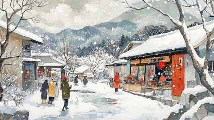 Naklejka premium Tourists exploring the art and crafts shops at Ningle Terrace, surrounded by a snowy landscape.