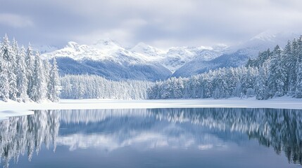 Snow-Covered Mountains Reflected in a Frozen Lake