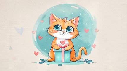 Fototapeta premium A charming red cat holds a gift surrounded by vibrant hearts in a whimsical watercolor style. Perfect for cat lovers